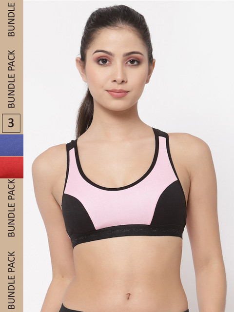 

College Girl Pack Of 3 Pink & Red Colourblocked Bra