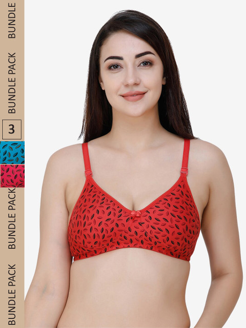 

College Girl Pack Of 3 Red & Pink Geometric Bra Underwired