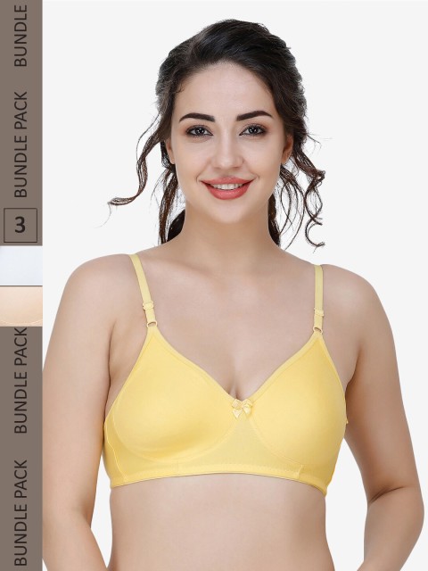 

College Girl Pack Of 3 White & Yellow Solid Bra