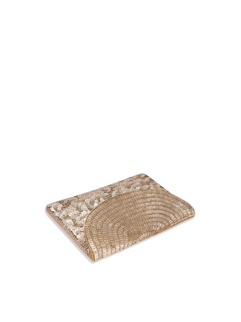 

INAAYA Gold-Toned & Beige Embellished Embellished Envelope Clutch