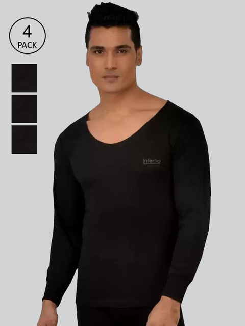 

INFERNO Men Pack Of 4 Solid Woolen Thermal Tops, Black