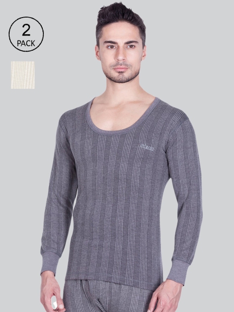 

INFERNO Men Grey & White Pack Of 2 Striped Thermal Tops
