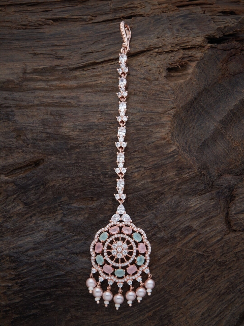 

Kushal's Fashion Jewellery Rose Gold-Plated Pink & Sea Green CZ Studded & Beaded Maang Tikka