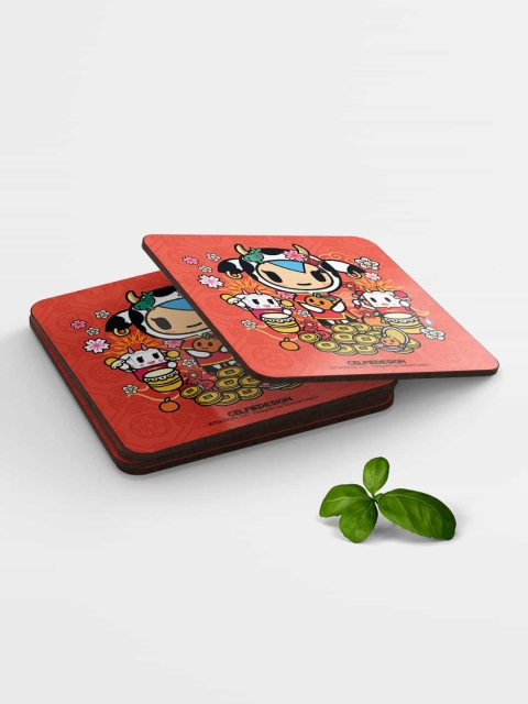 

Macmerise Set Of 6 Red & Yellow TD Moofia Art Patterned Square Coasters