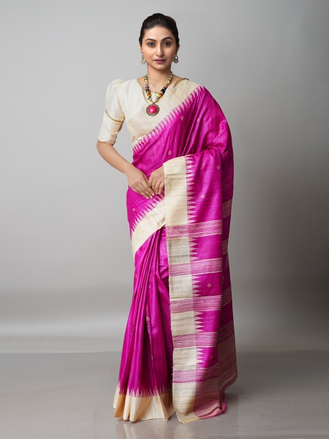 

Unnati Silks Magenta & Cream-Coloured Woven Design Zari Jute Silk Tussar Saree