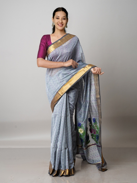 

Unnati Silks Grey & Gold-Toned Woven Design Zari Silk Cotton Jamdani Saree