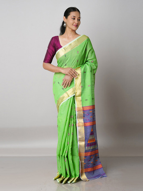

Unnati Silks Green & Grey Silk Cotton Handloom Jamdani Zari Saree