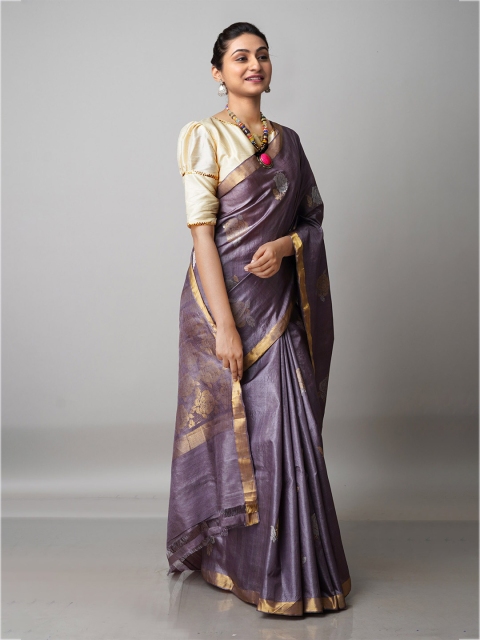 

Unnati Silks Grey & Gold-Toned Woven Design Zari Pure Silk Tussar Saree