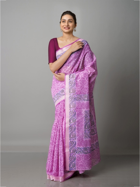 

Unnati Silks Pink & Blue Ethnic Motifs Block Printed Mangalagiri Zari Saree