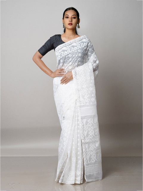 

Unnati Silks White Woven Design Handloom Pure Cotton Jamdani Saree
