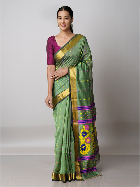 

Unnati Silks Olive Green & Purple Floral Silk Cotton Jamdani Zari Saree