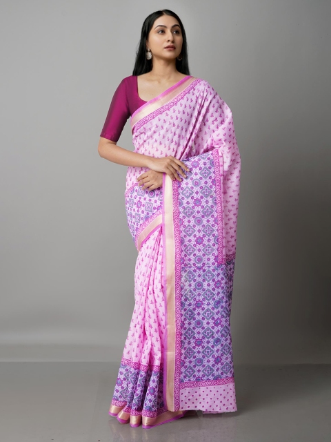 

Unnati Silks Pink & Purple Ethnic Motifs Block Printed Mangalagiri Zari Saree