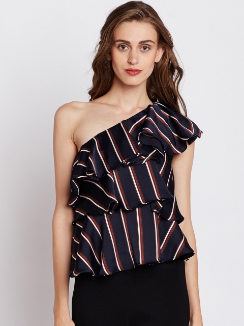 

COVER STORY Women Navy Blue Striped Tiered One-Shoulder Top