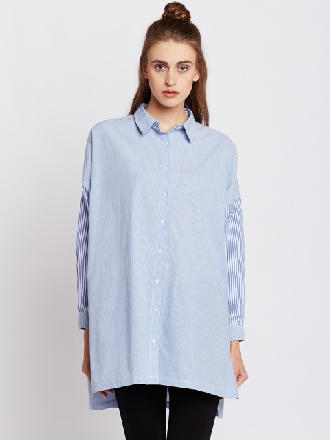 

COVER STORY Women Blue & White Boxy Striped Longline Casual Shirt
