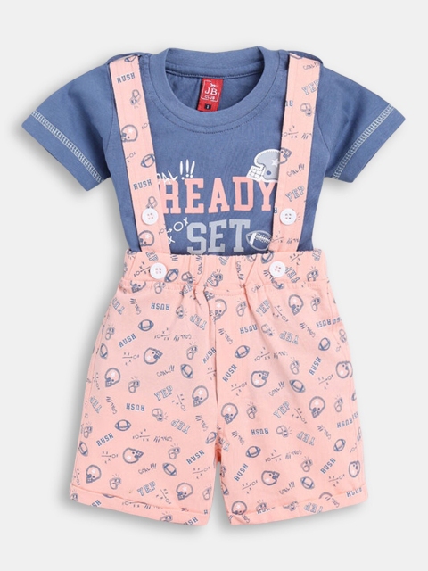 

Hopscotch Boys Peach-Coloured & Blue Pure Cotton Printed T-Shirt with Dungaree