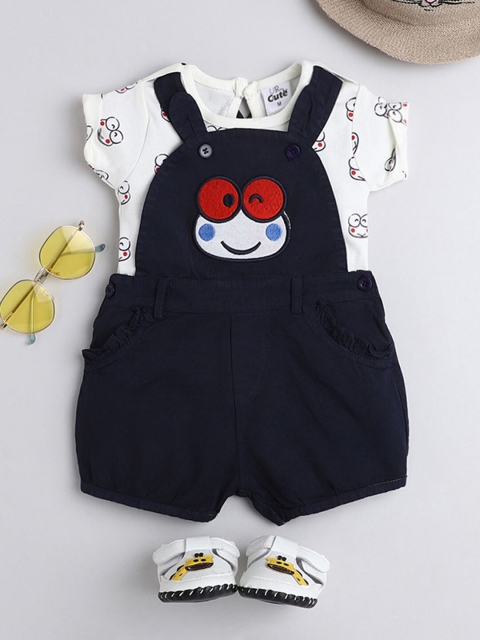 

Hopscotch Girls Blue & White Pure Cotton Printed Dungaree With T-Shirt