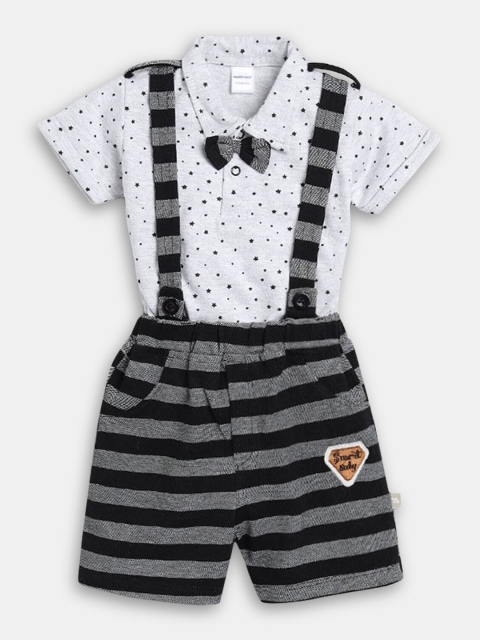 

Hopscotch Boys Grey & White Pure Cotton Striped Dungarees With T-shirt