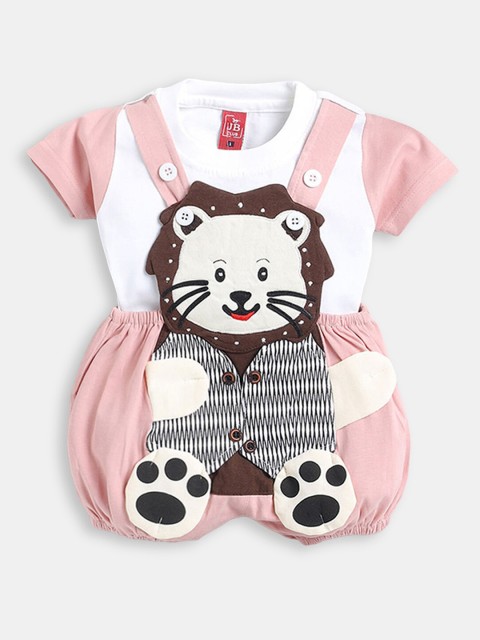

Hopscotch Boys Pink & White Pure Cotton Printed Dungarees With T-Shirt