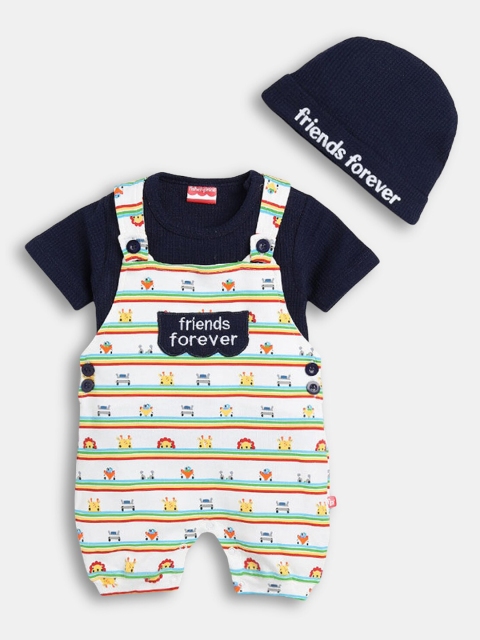 

Hopscotch Boys Blue & White Pure Cotton Printed Dungaree with T-shirt