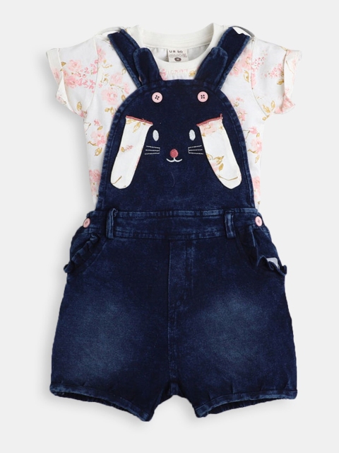 

Hopscotch Girls Pink & White Pure Cotton Printed T-Shirt and Dungaree