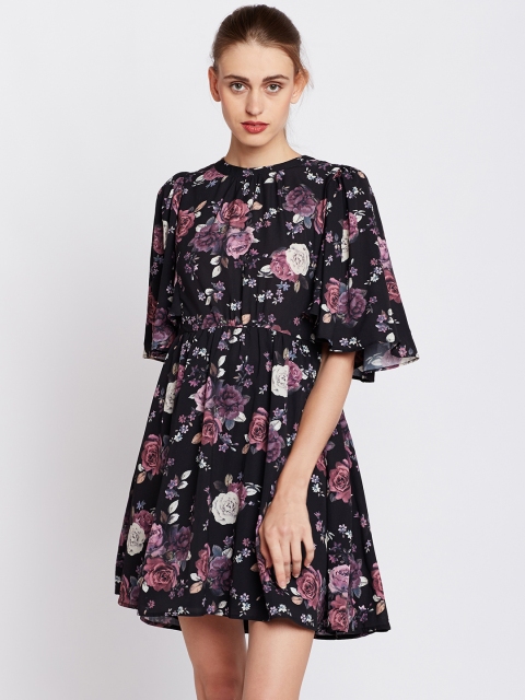 

COVER STORY Women Black & Purple Floral Print Fit & Flare Dress