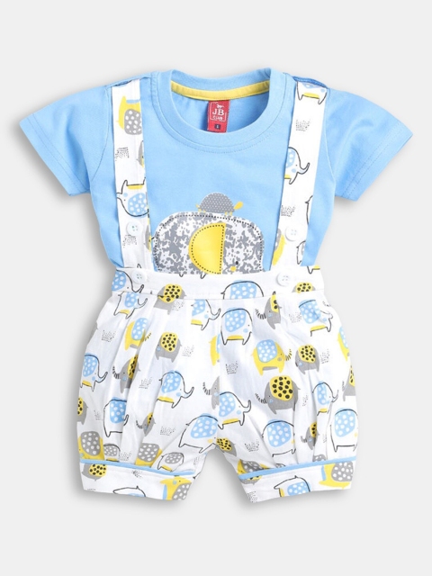 

Hopscotch Boys Blue & White Pure Cotton Printed T-Shirt and Dungaree