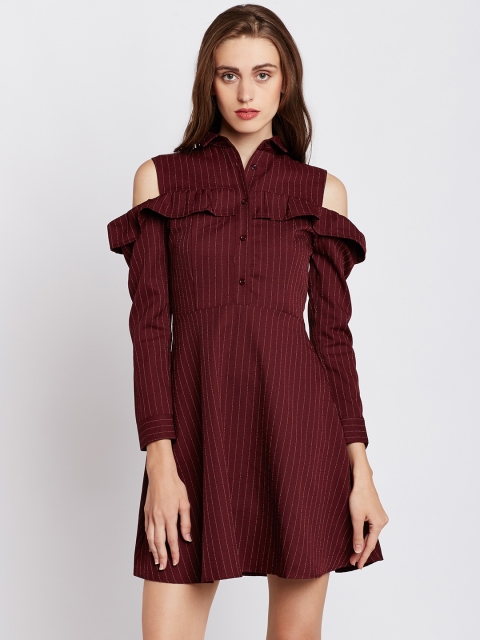 

COVER STORY Women Maroon Striped Cold-Shoulder Fit & Flare Dress