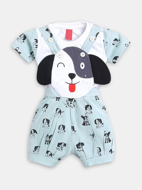 

Hopscotch Boys Green & White Pure Cotton Printed T-Shirt and Dungaree