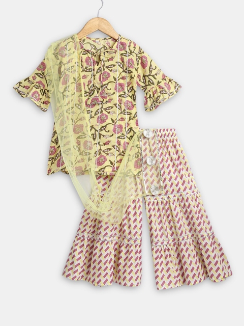 

Hopscotch Girls Yellow Floral Printed Pure Cotton Kurta with Sharara & With Dupatta