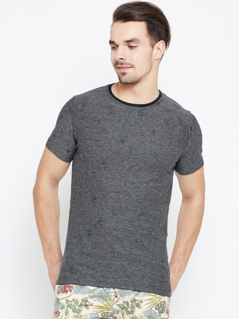 

Status Quo Men Charcoal Grey Self-Design Round Neck T-shirt
