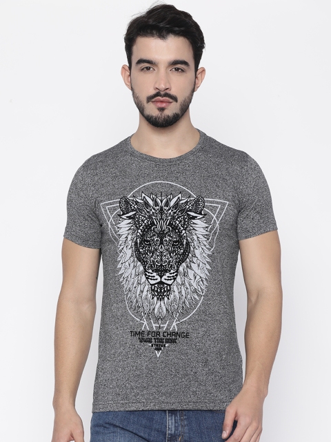 

Status Quo Men Charcoal Grey Printed Slim Fit Round Neck T-Shirt