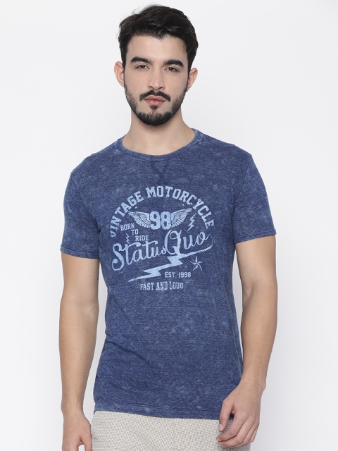 

Status Quo Men Blue Printed Round Neck T-Shirt