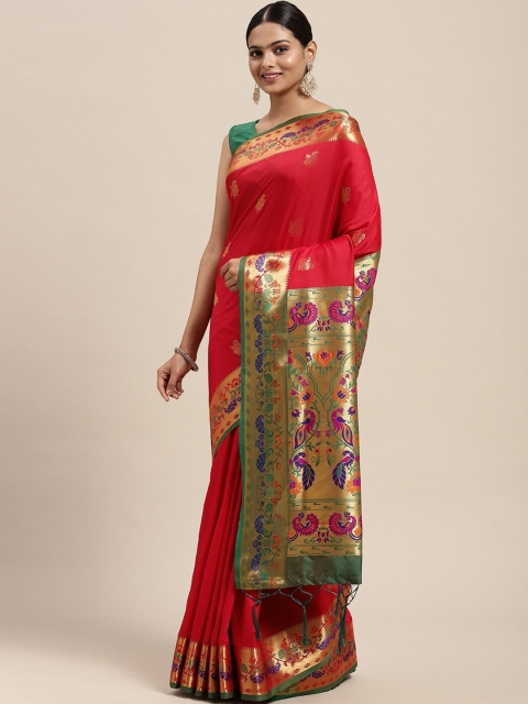 

MS RETAIL Red & Green Ethnic Motifs Zari Paithani Saree