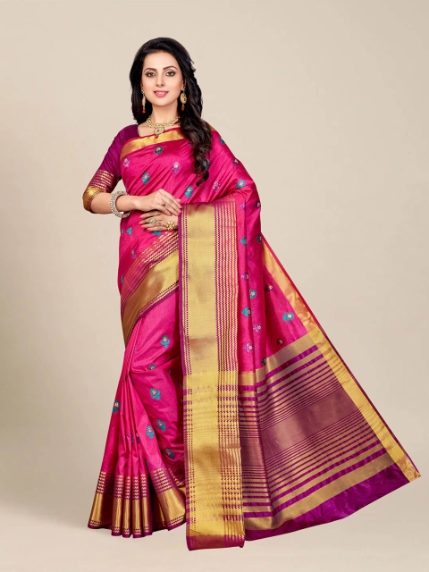 

MS RETAIL Pink & Violet Floral Zari Kanjeevaram Saree