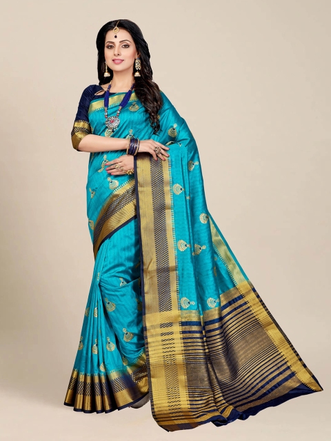 

MS RETAIL Turquoise Blue & Navy Blue Ethnic Motifs Zari Kanjeevaram Saree