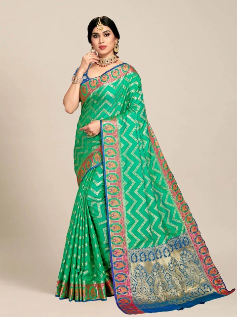 

MS RETAIL Sea Green & Blue Ethnic Motifs Zari Banarasi Saree