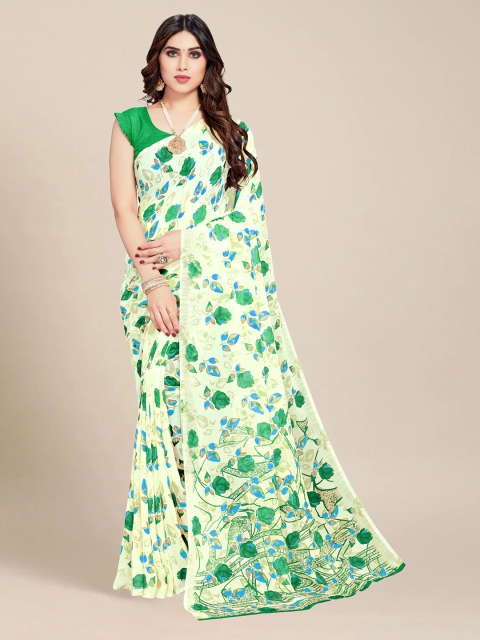

MS RETAIL Green & Yellow Floral Pure Georgette Saree