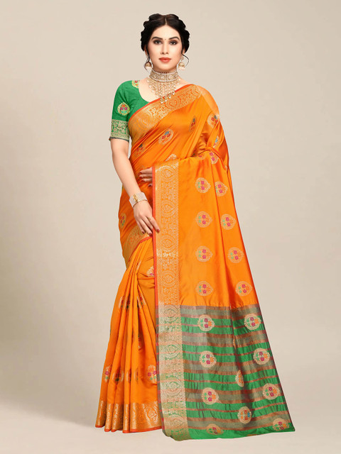 

MS RETAIL Mustard & Green Ethnic Motifs Zari Banarasi Saree