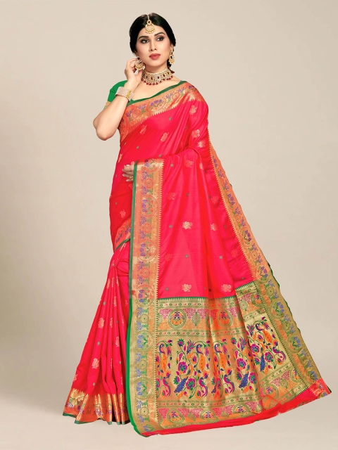 

MS RETAIL Pink & Green Ethnic Motifs Zari Silk Blend Paithani Saree