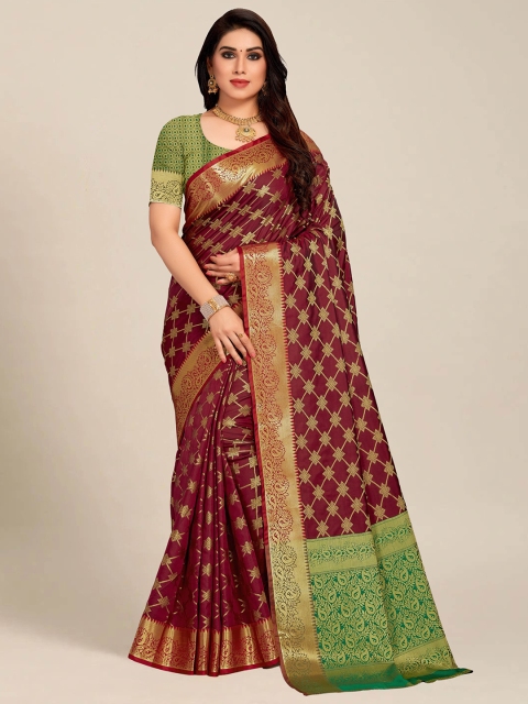 

MS RETAIL Rust & Green Ethnic Motifs Zari Silk Blend Banarasi Saree