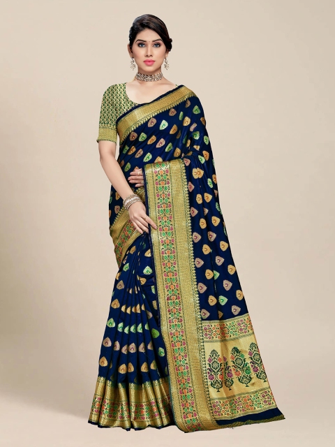 

MS RETAIL Navy Blue & Green Ethnic Motifs Zari Silk Blend Banarasi Saree