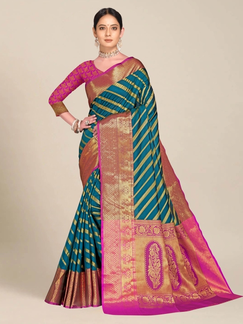 

MS RETAIL Teal & Pink Ethnic Motifs Zari Silk Blend Banarasi Saree