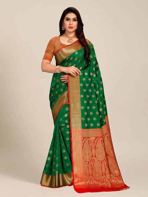 

MS RETAIL Sea Green & Red Paisley Zari Silk Blend Banarasi Saree