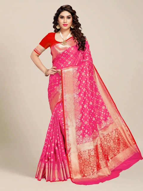 

MS RETAIL Pink & Gold-Toned Ethnic Motifs Zari Silk Blend Banarasi Saree