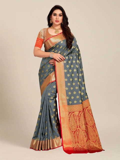 

MS RETAIL Grey & Red Ethnic Motifs Zari Silk Blend Banarasi Saree