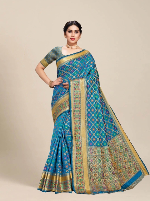 

MS RETAIL Teal & Green Ethnic Motifs Zari Silk Blend Banarasi Saree