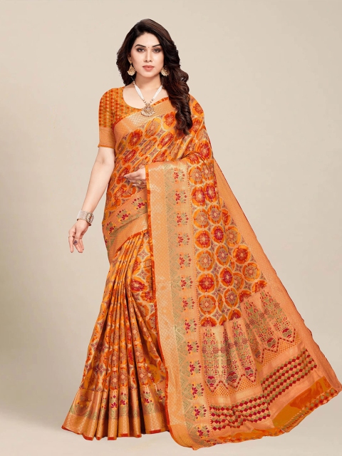 

MS RETAIL Mustard & Red Ethnic Motifs Zari Silk Blend Banarasi Saree