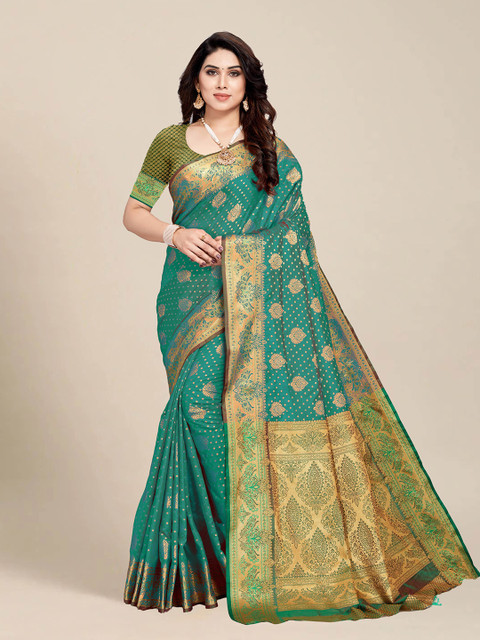 

MS RETAIL Teal & Gold-Toned Ethnic Motifs Zari Silk Blend Banarasi Saree