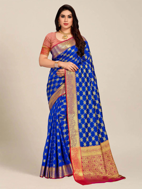 

MS RETAIL Blue & Red Paisley Zari Silk Blend Banarasi Saree