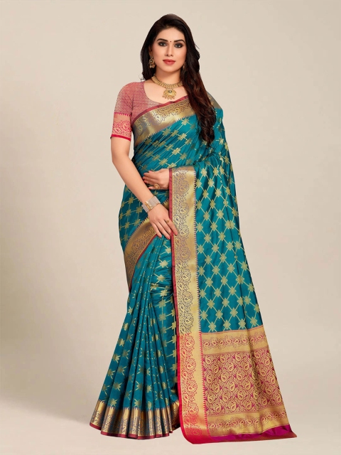 

MS RETAIL Teal & Red Paisley Zari Silk Blend Banarasi Saree
